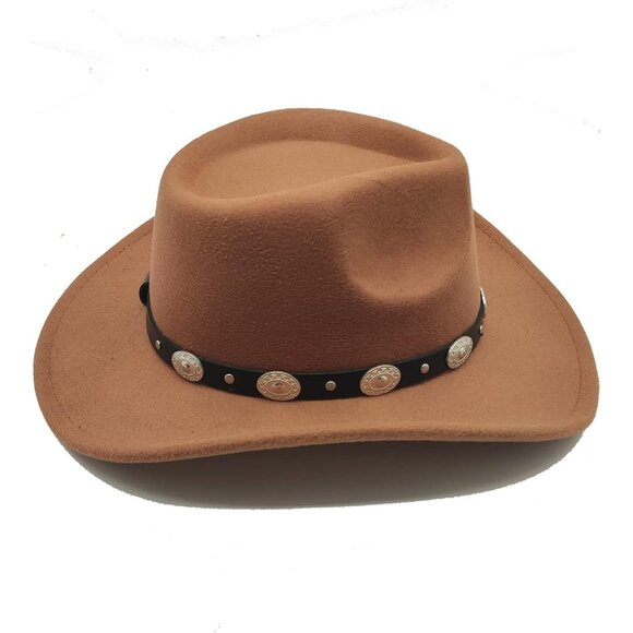 🆕 Men Khaki Cowboy Hat Western Felt Fedora Chapeau Halloween Costume Belt Wicks - Picture 4 of 7
